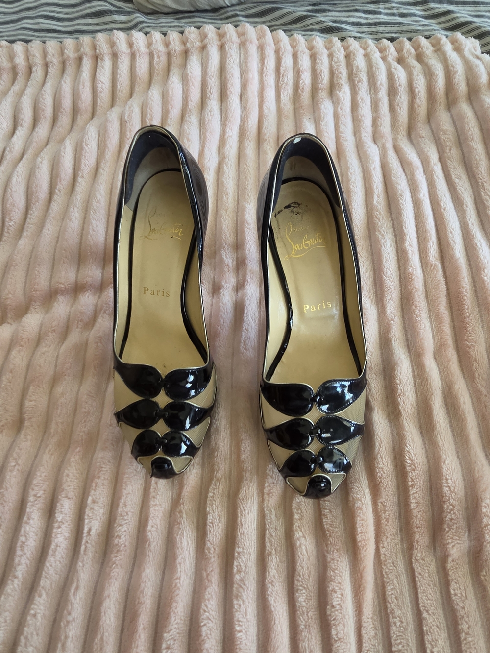 Christian Louboutin Black and Nude Patent Peep-Toe Pumps